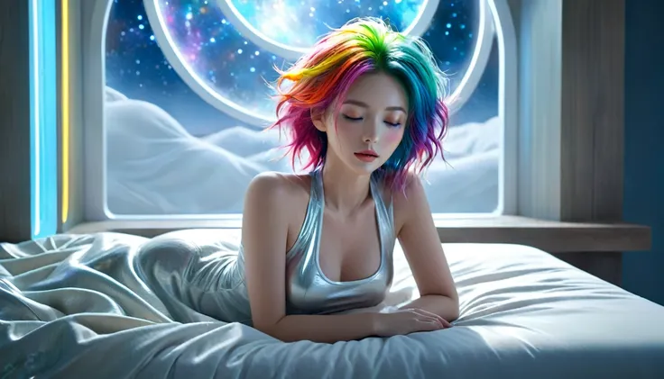 (best quality,8K,Extremely detailed:1.2),(CG,CG art,3d rendering),(masterpiece:1.2),（Crawl on the table），（Sexy clothing），(light,Futuristic),(Woman lying in bed,Sleep,Close your eyes),(There is a big window behind her,silent Night),(Colorful hair:1.5)