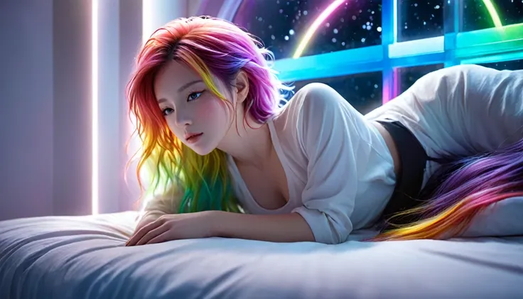 (best quality,8K,Extremely detailed:1.2),(CG,CG art,3d rendering),(masterpiece:1.2),（Crawl on the table），（Sexy clothing），(light,Futuristic),(Woman lying in bed,Sleep,Close your eyes),(There is a big window behind her,silent Night),(Colorful hair:1.5)