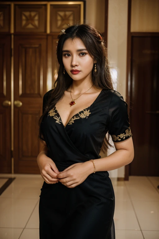 photography, woman,  full body of java wedding woman in black long kebaya dress traditional, looking at viewer, jewerly and hair on hair, red lipstick, golden necklace, earrings, ornate, detail, flowers, blurry background, soft focus 