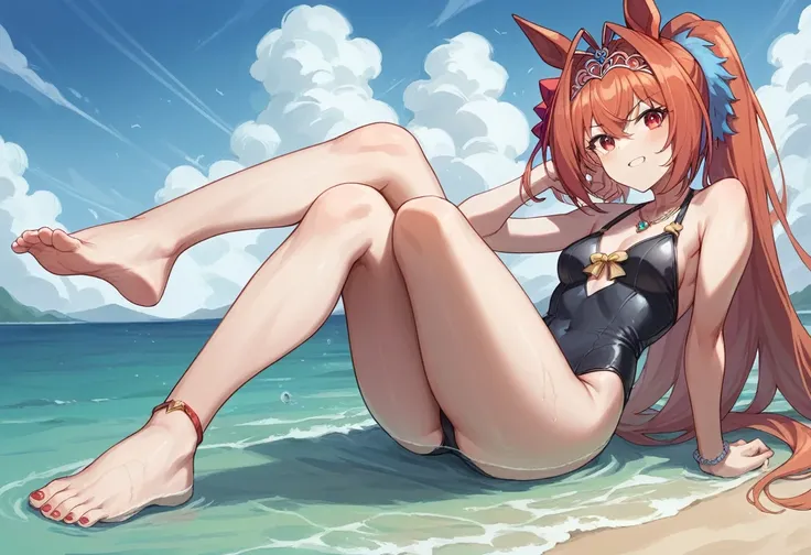 anime, Girl, umamusume, daiwa scarlet, Black Swimsuit, M-shaped legs, Ocean, porn