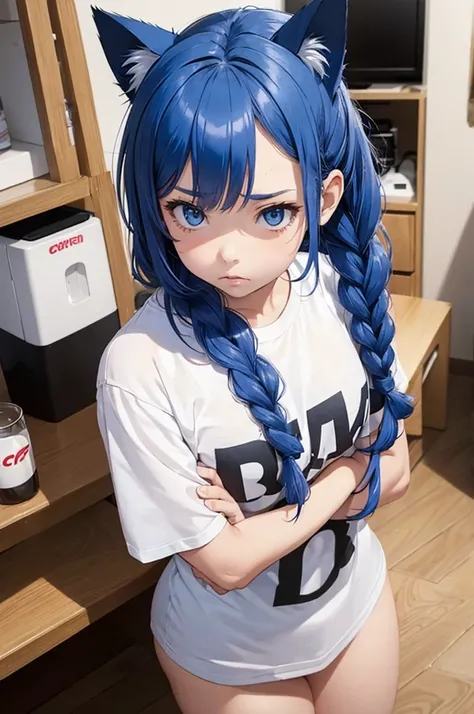 1 female, small kid cat girl, realistic lips oversized white t-shirt going all the way to the thighs, arms crossed propping up breast, hourglass figure, white eyes, french braid, blue hair, annoyed, cat ears, in an apartment, best quality
