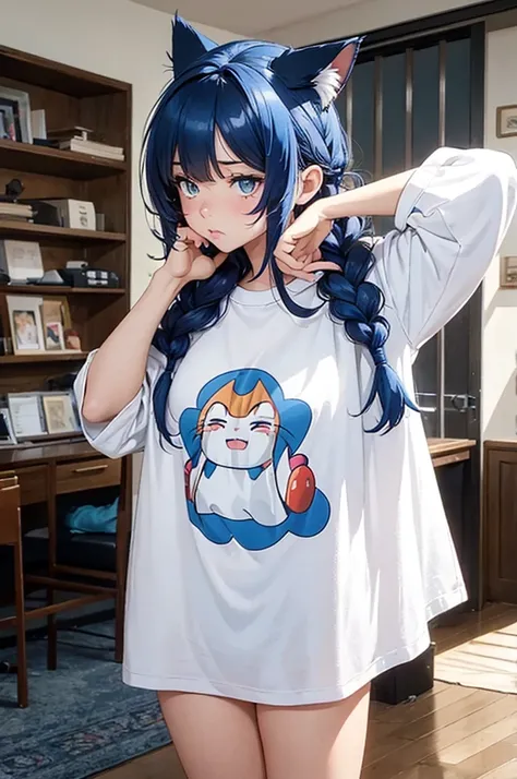 1 female, small kid cat girl, realistic lips oversized white t-shirt going all the way to the thighs, arms crossed propping up breast, hourglass figure, white eyes, french braid, blue hair, annoyed, cat ears, in an apartment, best quality
