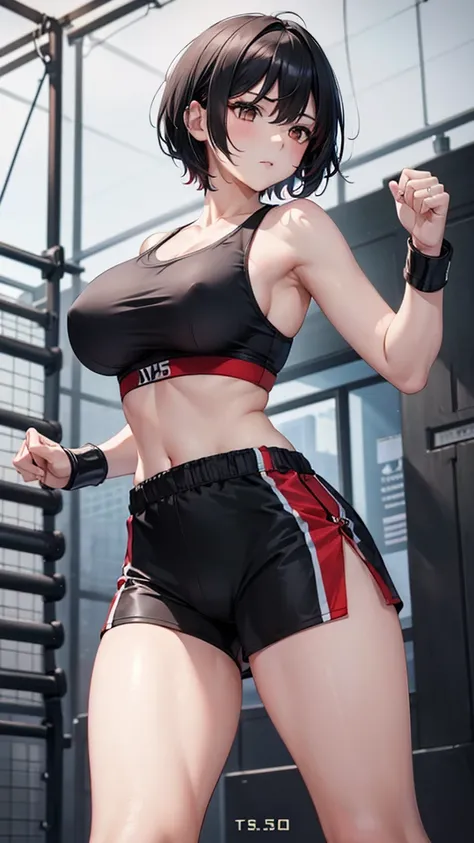 One woman,Big Breasts,Mixed Martial Arts(1.5),Octagonal wire mesh ring(1.5),Black hair with red(1.5),short hair,Tight short black tank top,Tight white shorts(1.3),Fighting Boze(1.5)