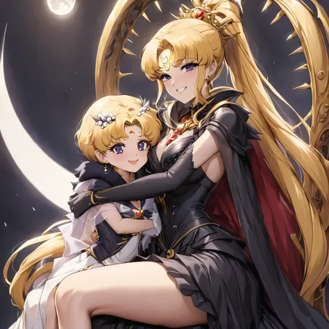 ((Highest quality)), ((masterpiece)), (detailed), （Perfect Face）、Black moon mark on forehead、The woman is Black Serenity, the noble dark queen of the Black Moon clan and has blonde hair.２The woman, Princess Serenity, has long hair tied up in a ponytail and...