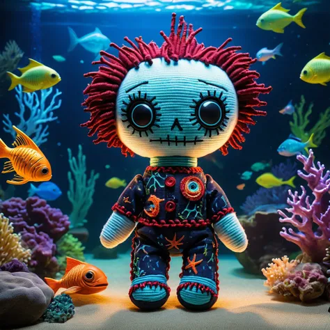 (knitted toy voodoo doll:1.7), (visit to voodoo aquarium:1.3), (clothes: casual outfit with glowing fish symbols:1.0), (accessories: enchanted aquarium emitting sparks of sea magic, floating ghostly sea creatures:1.1), (background: mystical aquarium with f...