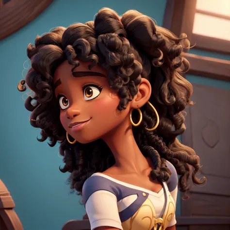 Can you draw a beautiful black woman with super long 3a curls in the artstyle of disney encanto.