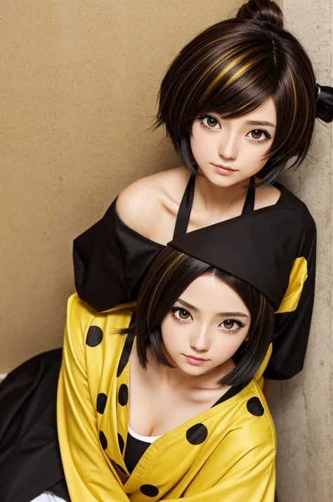 ((anime)) girl 1.59,short hair color_brown with yellow streaks, Brown eyes, Clothes_dress_negro ,Kimetsu no Yaiba 