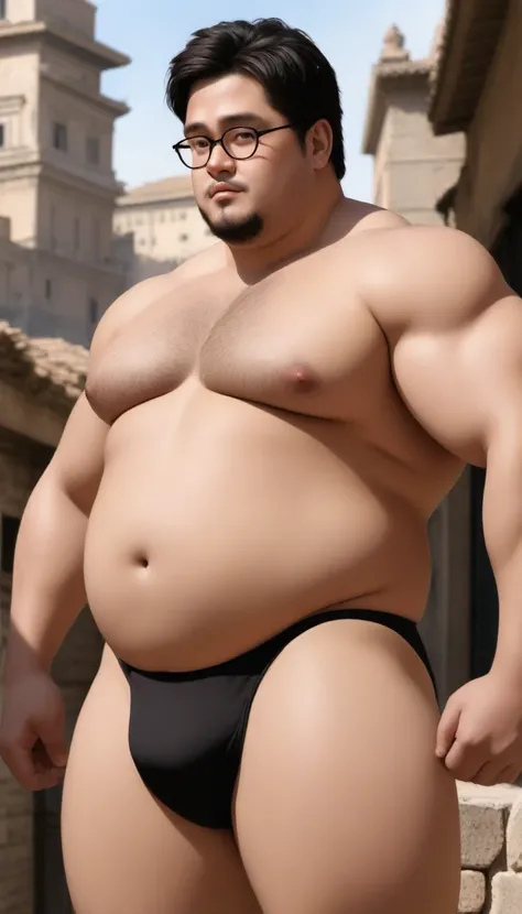 A fat man，Big eyes，Black round glasses，short hair，Round inches，Big round face，Very large and well-developed chest muscles，Big full belly，Standing on the ancient city of Rome，The upper body is bare，Wearing briefs with bulge in the crotch，Oriental male，full-...