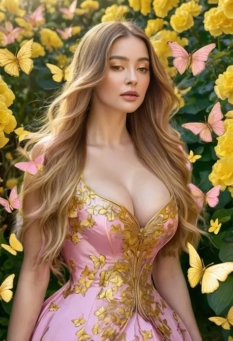 A woman with long hair and her hair has golden butterflies, your dress is pink with gold details, She is in a garden full of yellow flowers, she has very big breasts 