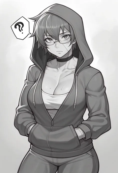 _asura style, 1girl, greyscale, monochrome, maki zenin, short_hair, solo, scar, hands_in_pockets, hood, choker, hoodie, breasts, ?, looking_at_viewer, burn_scar, large_breasts, thighs, scar_on_leg, scar_on_face, glasses, tomboy, muscular_female, sweat, clo...