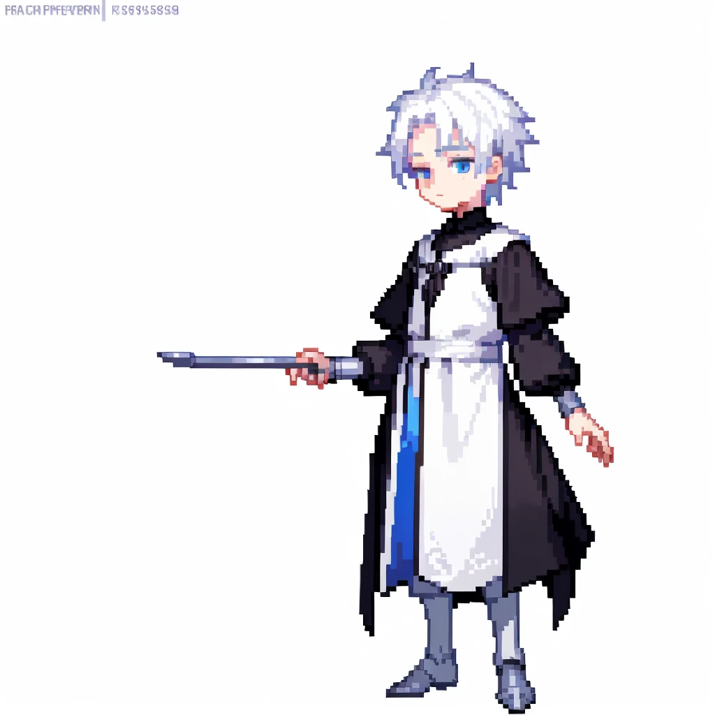 masterpiece , best quality , pixel art , 1 boy , Clothes of the nobility of the Middle Ages ,Wearing black clothing, full body , white background,A well-bred beautiful boy , White hair, pale blue eyes , The year is 15 years old 