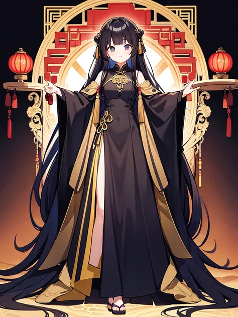 Full-body portrait、Are standing、Black Hair、Messy hair、Very long hair、Long Hair、A revealing black Chinese curtain dress