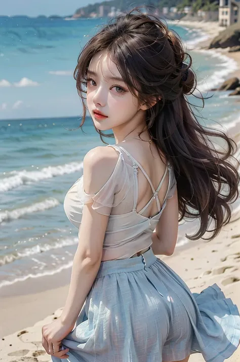 Blue Skirt，Big Ass，Large Breasts, whole body，Delicate and beautiful eyes,High-definition quality, Realistic details, Official Art, masterpiece, Unity 8k Wallpaper, Ultra Detailed, 美丽的masterpiece, Top quality, sweet and cute, Long brown hair, curls，Beach，Fa...