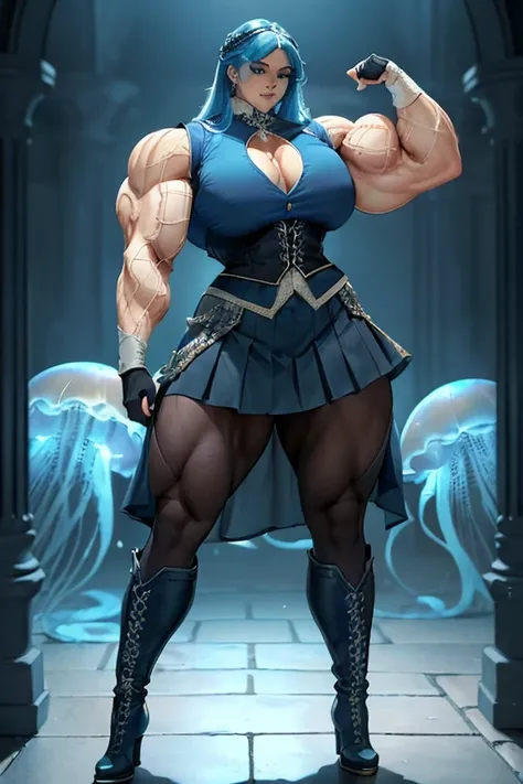 ((((Massive beautiful, buff, bulky, pale white skinned muscular woman with royal blue hair, black lipstick, ginormous bulky muscles and wearing a royal blue shirt and a beautiful royal long pleated skirt with pantyhose)))), (close view), vascular, massive ...