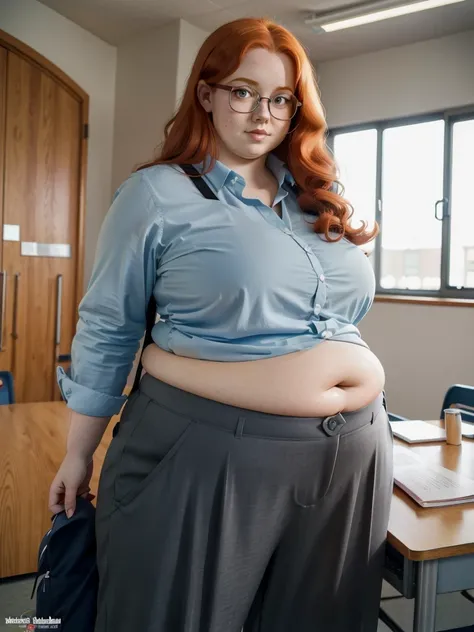 POV wiew photo of a young cute nerdy redhead bbw student with glasses with long wavy ginger hair soft fat belly, wide fat obese hips, thick fat legs and fat arms, cute pretty face, small breasts, blue eyes, freckles, in long shirt tucked in her simple trou...