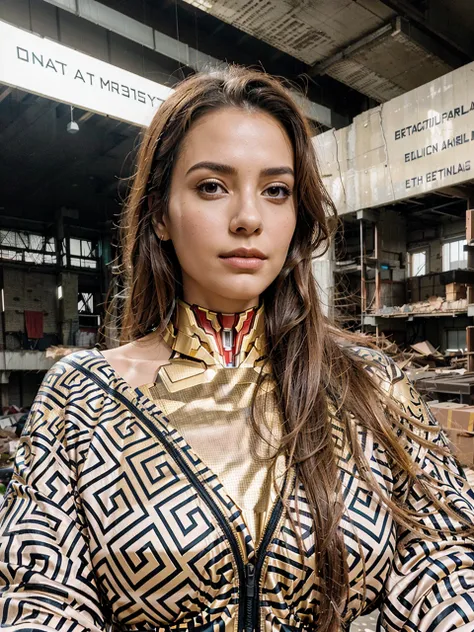 a beautiful, elegant woman wearing a futuristic red and gold Iron Man-inspired mech suit, standing in an abandoned, messy warehouse with a complex, detailed, and dynamic background featuring a vibrant, sunlit, sprawling futuristic