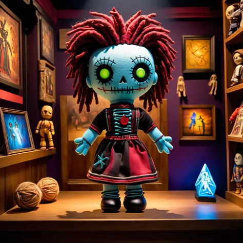 (knitted toy voodoo doll:1.5), (Voodoo Museum Tour:1.3), (Clothing: casual outfit with comfortable shoes:1.0), (Accessories: enchanted museum guidebook emitting sparks of history magic, levitating spectral artifacts:1.1), (background: mystical museum with ...