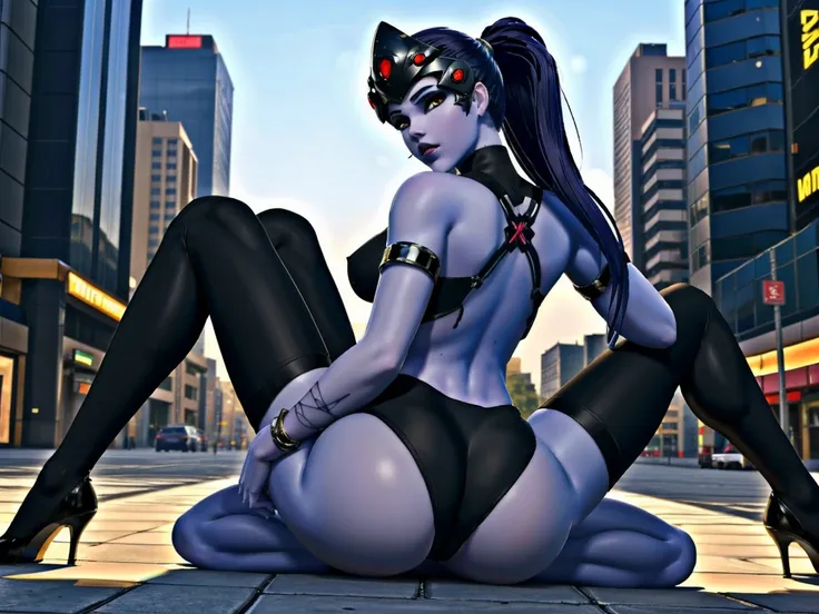 1girl, spread legs,red nipples, hanging breasts, violet hair, ponytail hair, yellow eyes, (blue skin:1.2),torpedo breast,( black head mounted visor:1.5),  dark lips, SLUTTY BODYSUIT, hands behind back, cameltoe, looking at viewer, outside, city street, sex...