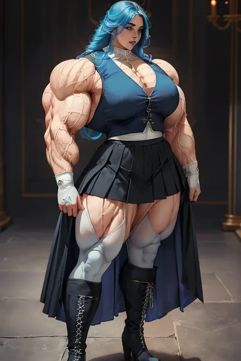 ((((Massive beautiful, buff, bulky, pale white skinned muscular woman with royal blue hair, black lipstick, ginormous bulky muscles and wearing a royal blue shirt and a beautiful royal long pleated skirt with pantyhose)))), (close view), vascular, massive ...