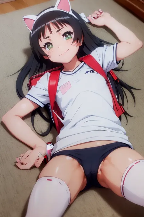 masterpiece, ultra quality, ultra sharp, ultra detailed, 1girl, solo, (((good anatomy))), haduki kurumi, (tattered torn dripping wet white gym shirt), navy gym pants, animal ears, randoseru, name tag, Japanese anime pose, laugh, BurumaShorts, Buruma, Gym U...