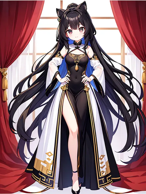 Full-body portrait、Are standing、Adult women、Black Hair、Untidy hair、Messy hair、Very long hair、Long Hair、A revealing black Chinese curtain dress