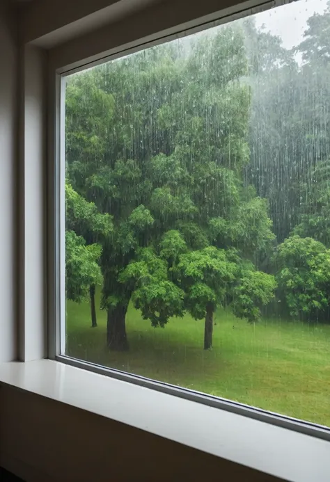 rainy, cloudy, big window, close up window, lighting, with trees out of window,