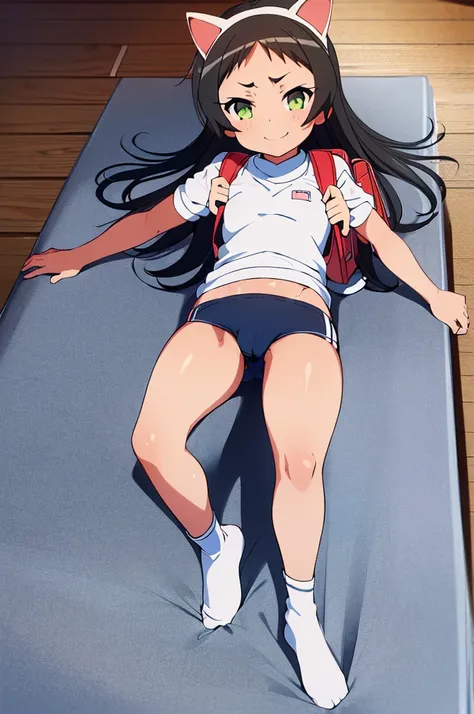 masterpiece, ultra quality, ultra sharp, ultra detailed, 1girl, solo, (((good anatomy))), haduki kurumi, (tattered torn dripping wet white gym shirt), navy gym pants, animal ears, randoseru, name tag, Japanese anime pose, laugh, BurumaShorts, Buruma, Gym U...