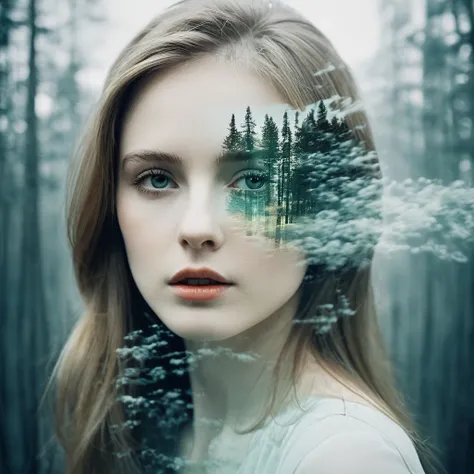 (Double Exposure Photography by Stanley Stellar and Josefa Pla Marco:1.2), award-winning photography, pale skin, evil slavic woman, long dark blond hair, upper body, aesthetic, dazzling atmosphere, atmospheric scattering, perfectly focused, f/22, symmetry ...