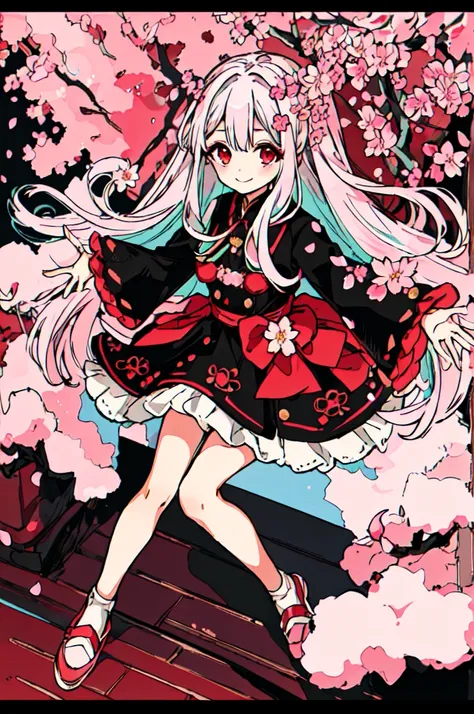 masterpiece, intricate detail,best quality, 1girl, solo, smile, red eyes, long hair, looking at viewer, flower, multicolored hair, petals, dress, hair ornament, long sleeves, character name, outstretched arms, personification, gradient hair, pink footwear,...