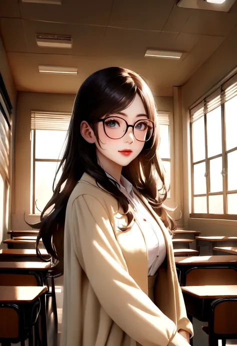 (Fraction_9, Fraction_8_Direction_7_up), detailed, realistic professional woman looks，Standing，Half-length photo，American Girl，Long hair，Gentle, Glasses, teacher，In the classroom，HD，Clear character silhouettes，Clear facial details，