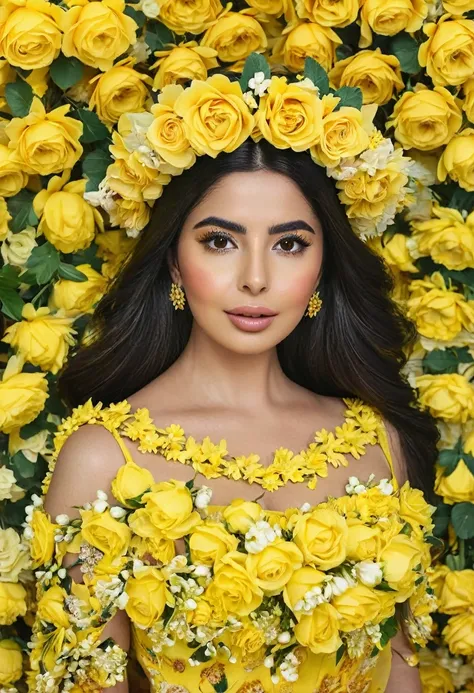 a woman in a yellow dress and flower crown posing for a picture, covered with flowers, covered in flowers, beautiful mexican wom...