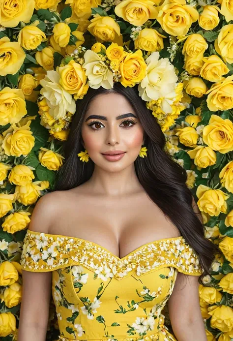 a woman in a yellow dress and flower crown posing for a picture, covered with flowers, covered in flowers, beautiful mexican wom...