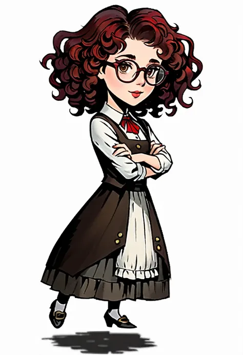 ((best quality)), ((masterpiece)), (detailed), 1girl, hair (color: red, length: short, curly with flowing small ringlets), face (heart-shaped, pale, dark brown eyes), glasses (wears thick-rimmed, old-fashioned glasses), background is white