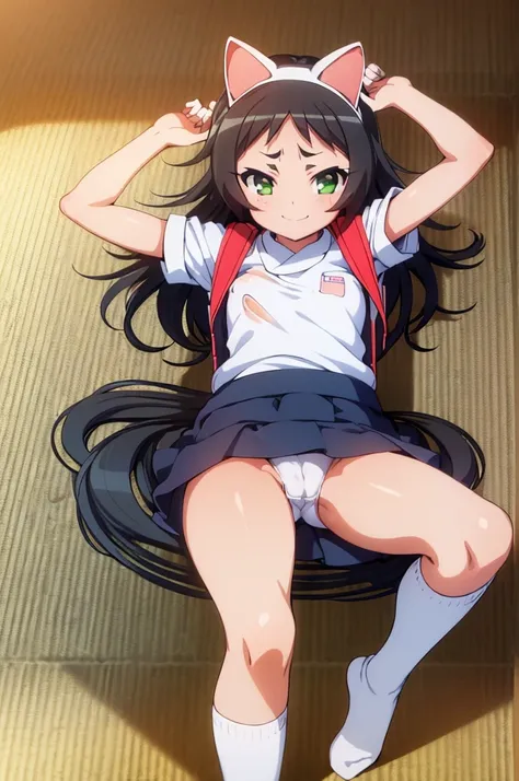 masterpiece, ultra quality, ultra sharp, ultra detailed, 1girl, solo, (((good anatomy))), haduki kurumi, (tattered torn dripping wet white gym shirt), navy gym pants, animal ears, randoseru, name tag, Japanese anime pose, laugh, BurumaShorts, Buruma, Gym U...