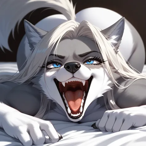 score_9,score_8_up,score_7_up, source_furry, a tall female wolf anthro, furry, gray snout, black nose, blue eyes, athletic body, short spiked undercut platinum blonde hair, black lips, wolf tail, wolf ears, lying on a bed, ahegao, portrait, clenched canine...