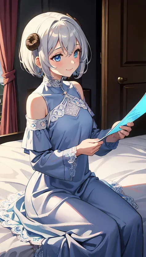 masterpiece, Soft Shading, Perfect Anatomy, Perfect lighting, Perfect focus, Healing, alone, One girl, Furry, Shaggy Sheep, Anthropomorphic, woman, Silver fur, Silvery skin, blue eyes, Before going to bed, pajamas,Long sleeve，Long skirt，(White lace)，Small ...