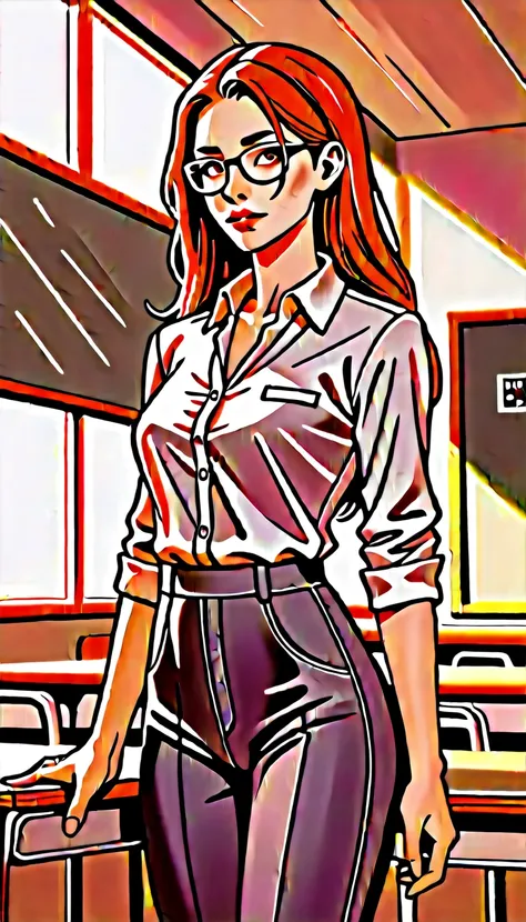 (Fraction_9, Fraction_8_Direction_7_up), detailed, realistic professional woman looks，Standing，Half-length photo，American Girl，Long hair，Gentle, Glasses, teacher，In the classroom，HD，Clear character silhouettes，Clear facial details，
