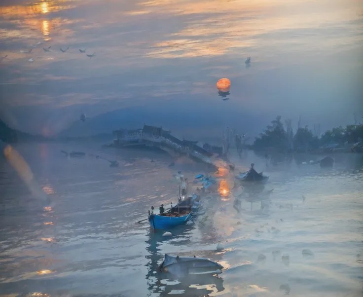 Long exposure photography，Award-winning photography，Practical，In waters with boats，Sunset, ，stunning lighting, Abstract， Claude Monet，Abstract，photography，high quality，blue，orange，Sunset，Beautiful scenery，photo，photoPractical,raw