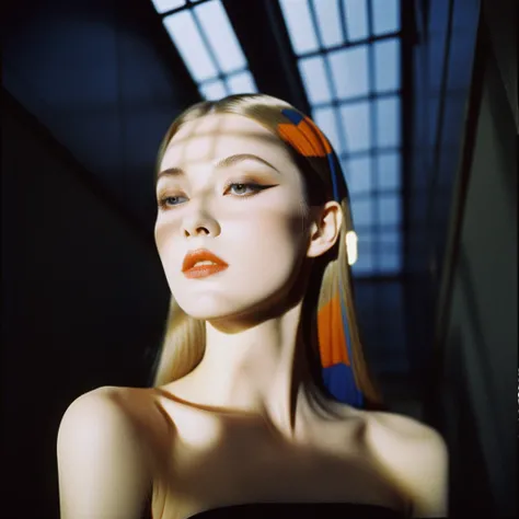 Photograph by Serge Lutens (1.8), pale skin, evil slavic woman, long dark blond hair, in profile, wide angle dim atmosphere, stunning, modern, dark, clean, artsy indoor surrounding, casting a dreamlike atmosphere eyes reflect some light, Shiseido-style Vog...