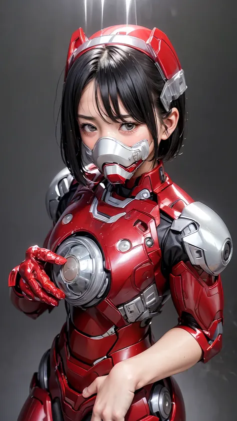 Highest quality　8k Iron Man Suit Girl　Kindergarten girl　Sweaty face　cute　short hair　boyish　Steam coming from the head　My hair is wet with sweat　Black hair feel　Full body portrait　My upper body is soaked　close your eyes　bare hands　Close-fitting full-face ga...