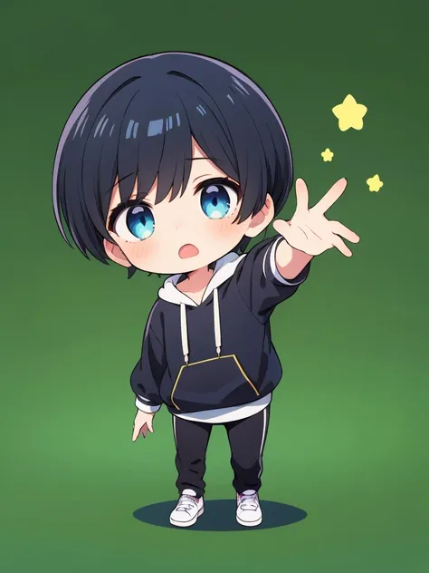 1boy,chibi,hoodie,blue eye, black hair,full body,green background,open mouth