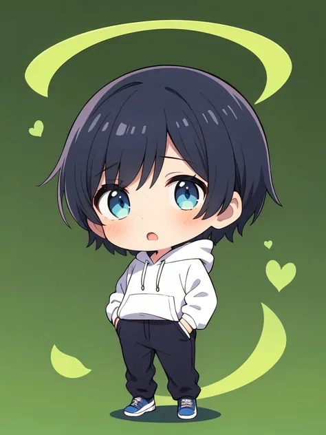 1boy,chibi,hoodie,blue eye, black hair,full body,green background,open mouth