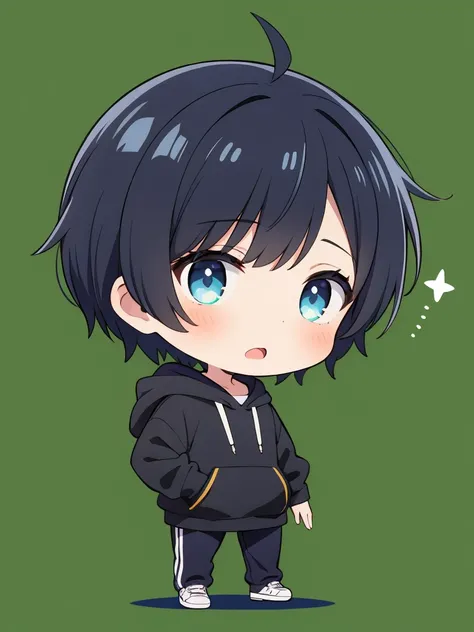 1boy,chibi,hoodie,blue eye, black hair,full body,green background,open mouth