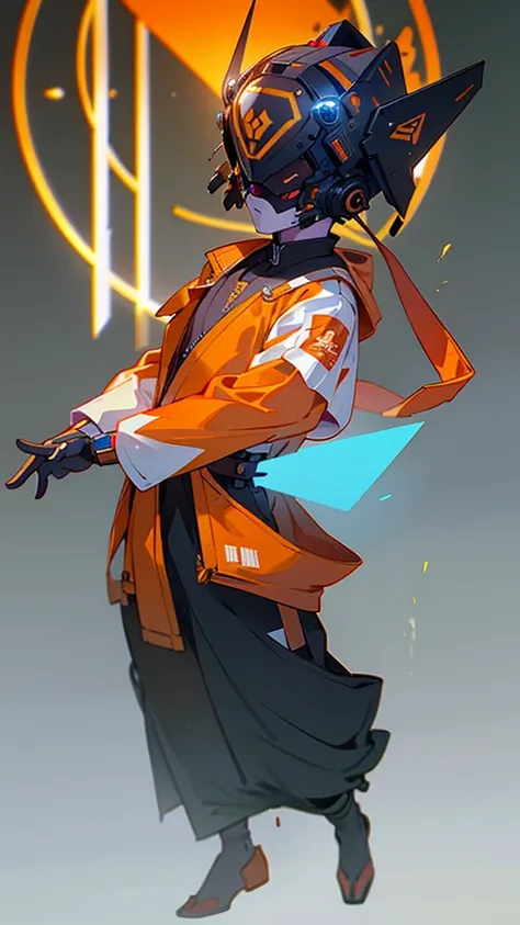 masterpiece, best quality, A close-up shot of a futuristic boy，China is blue and impermanent，The traditional image of Hei Wuchang，Tradition meets modernity，Chinese style，Wearing a fantastic cyber helmet，orange triangle LED light and halo on the helmet, Wea...