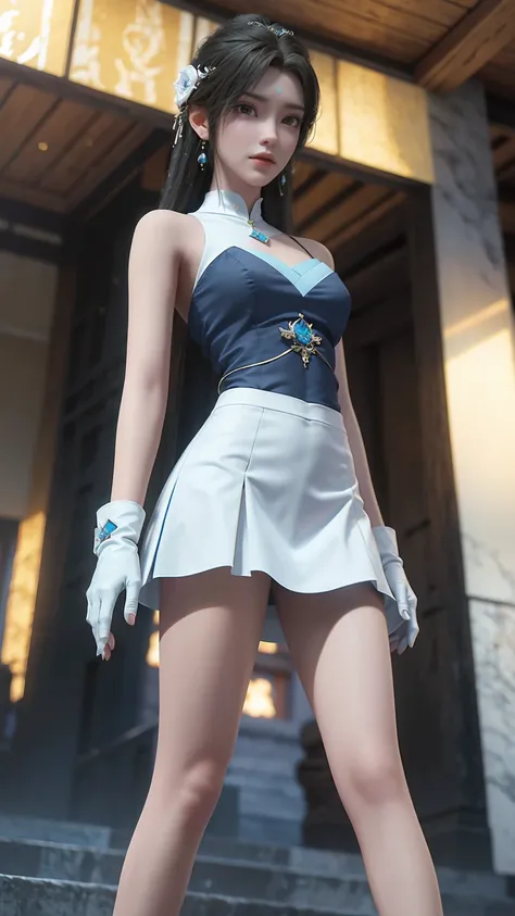 ((best quality)), ((masterpiece)), ((1 Girl)), Solitary, ferry, ((Changdu Base, ((thigh)), Bare shoulders, ((Jewelry)), ((sleeveless)), White Dress, Blue Skirt, ((Gloves)), thigh高, （Nikolai Fehin），(菲钦 布面painting， 费欣的painting, painting), 01