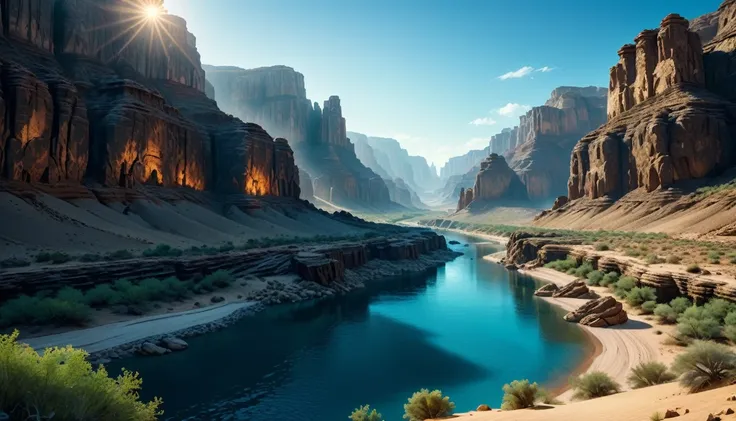 (photorealistic:1.2, Fujifilm XT3), cinematographic composition, High fantasy, fantasy landscape, desert, clear blue sky, River canyon surrounded by lush vegetation., Rocks, epic fantasy art, abyssal technology, Pure energy, magic, idyllic, (Masterpiece:1....