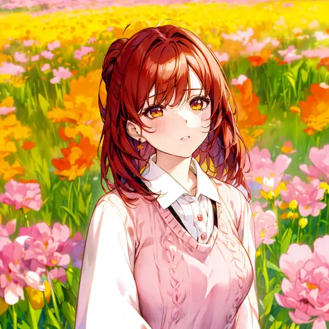 anime girl with long red hair and a pink sweater in a field of flowers, sayori, made with anime painter studio, standing in a flower field, painted in anime painter studio, standing in flower field, girl frontal in a flower field, render of april, kawaii r...