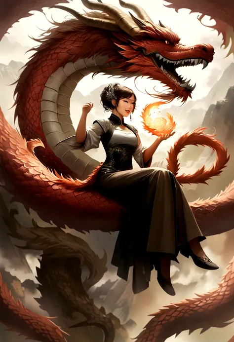 The girl was sitting in the coils of a great dragon、The dragon is breathing fire , chest, tail, wing, Sharp teeth, horn, Brunette,  Chinese Dragon .　Realistic