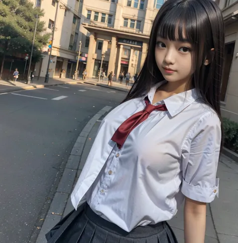 Highest quality，masterpiece，Ultra-high resolution, Very detailed, 8K，a 15 years old beautiful Japanese woman:1.5, Small face, Black Hair, blunt bangs, Breast Augmentation Surgery, (Schoolgirl uniform:1.5, Pleated skirt)