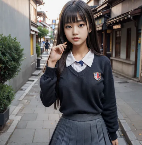 Highest quality，masterpiece，Ultra-high resolution, Very detailed, 8K，a 15 years old beautiful Japanese woman:1.5, Small face, Black Hair, blunt bangs, Breast Augmentation Surgery, (Schoolgirl uniform:1.5, Pleated skirt)